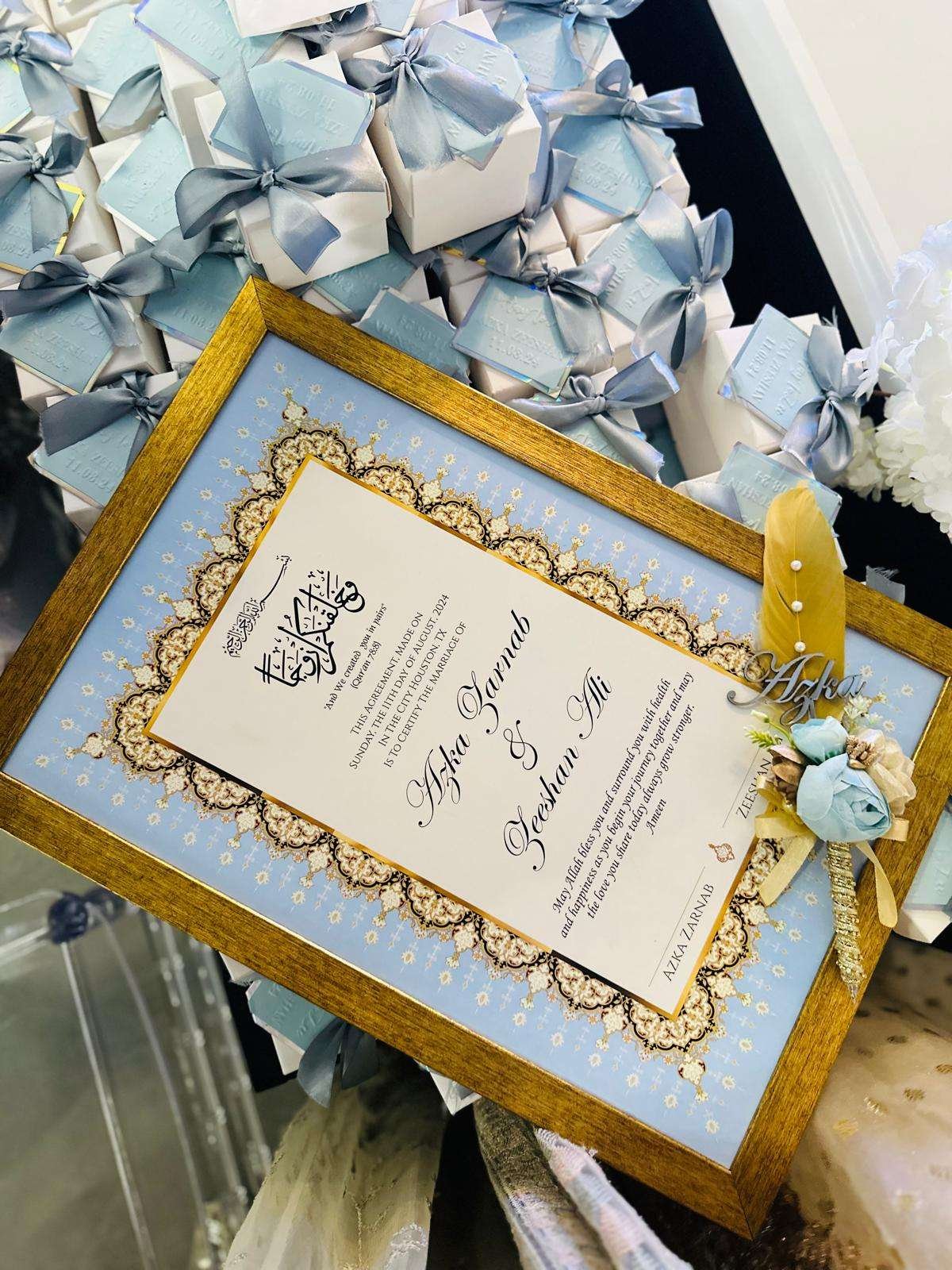 28ce9a4a-e21e-4614-ab31-e23ecd283352 Ice Blue Nikah Nama with Gold Frame - Image 1
